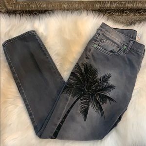 Women's Gray Cropped Jeans with Black Palm Print
